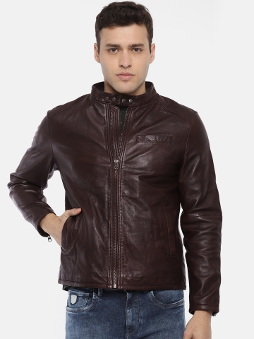 45% OFF on U.S. Polo Assn. Men Brown Solid Genuine Leather Biker Jacket ...