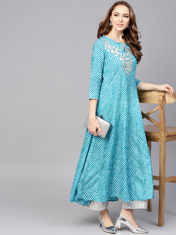 Yufta Women Blue & White Lehariya Print A-Line Kurta