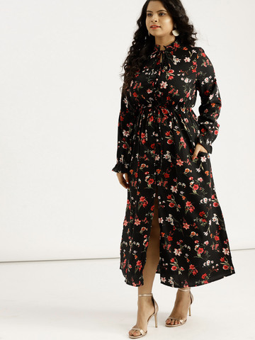 Sztori Plus Size Women Black Pink Floral Print Maxi Dress