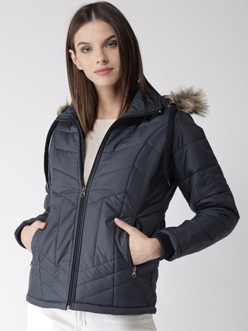 Foreign Culture By Fort Collins Women Navy Blue Solid Hooded Parka Jacket