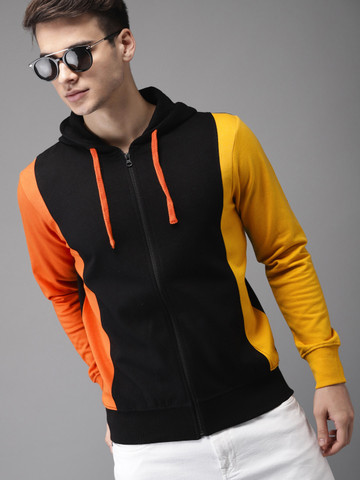 HERE&NOW Men Black & Yellow Solid Hooded Sweatshirt HERE&NOW Men Black & Yellow Solid Hooded Sweatshirt