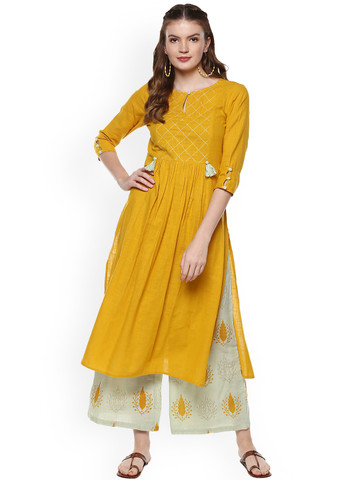 Idalia Women Mustard Yellow Solid Kurta with Palazzos Idalia Women Mustard Yellow Solid Kurta with Palazzos