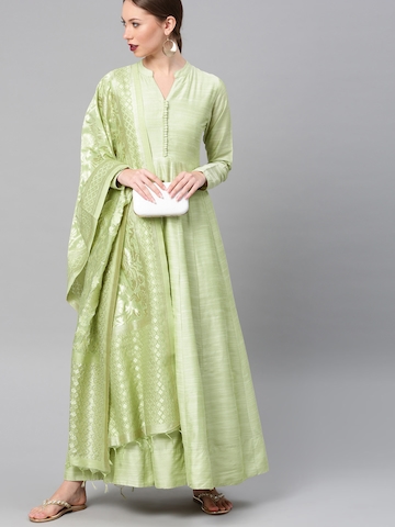 Vishudh Lime Green Maxi Anarkali Dress With Dupatta