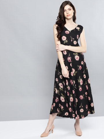 Buy Harpa Women Black & Pink Floral Print Maxi Dress on Myntra