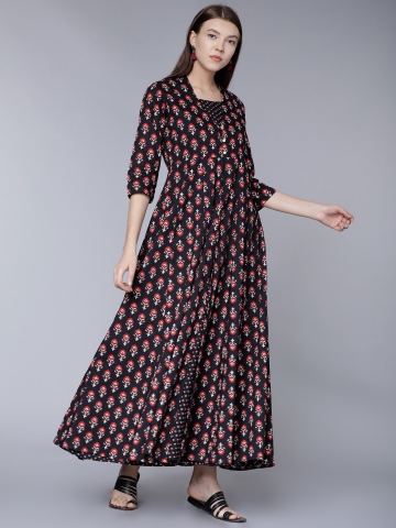 60 OFF on Vishudh Women Black Printed Maxi Dress with Jacket on