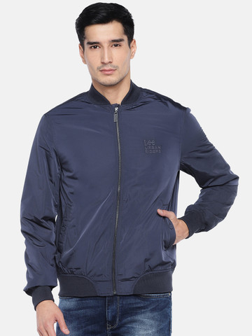 Lee Men Navy Blue Solid Bomber Jacket