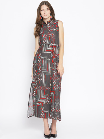 Global Desi Women Charcoal Grey & Red Printed A-Line Dress