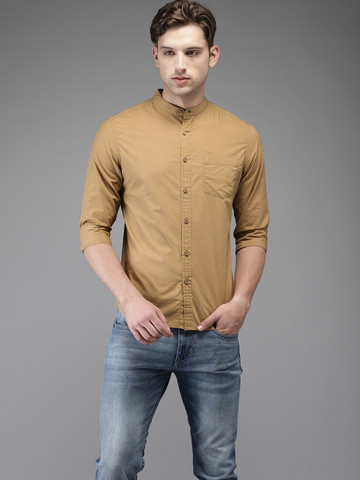 Flying Machine Men Khaki Regular Fit Solid Casual Shirt Flying Machine Men Khaki Regular Fit Solid Casual Shirt