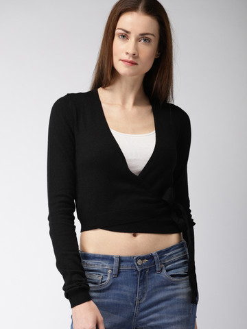 Buy FOREVER 21 Women Black Solid Front-Open Crop Sweater on Myntra