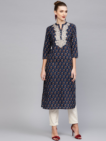 Libas Women Navy Blue & Red Printed Straight Kurta