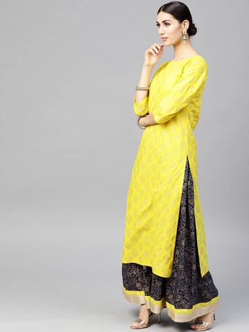 Nayo Women Yellow & Navy Blue Printed Kurta with Skirt Nayo Women Yellow & Navy Blue Printed Kurta with Skirt