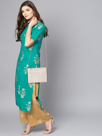 Nayo Women Green & Beige Printed Kurta with Palazzos