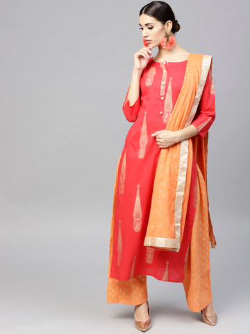 Nayo Women Red & Peach-Coloured Printed Kurta with Palazzos & Dupatta