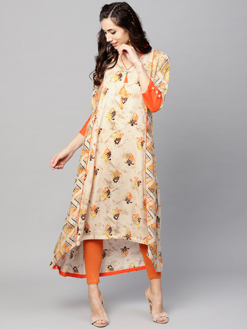 Yuris Women Cream-Coloured & Orange Printed A-Line Kurta