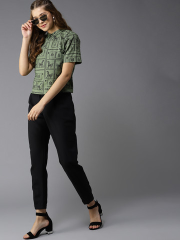 HERE&NOW Women Olive Green & Black Printed Styled Back Top