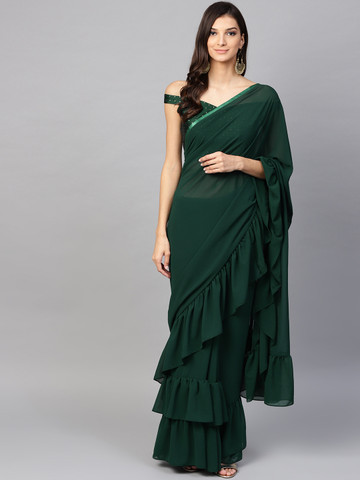 Inddus Green Solid Saree