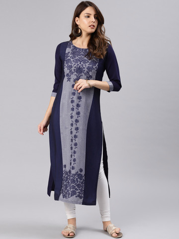 AHIKA Women Navy Blue & White Printed Straight Kurta AHIKA Women Navy Blue & White Printed Straight Kurta
