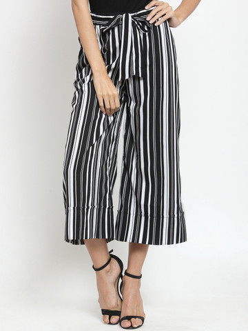 Indietoga Women White & Black Comfort Flared Striped Culottes