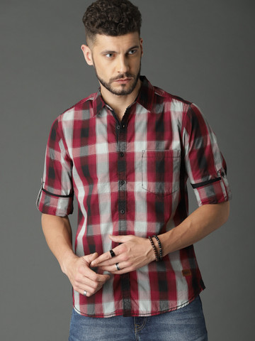 Roadster Men Red & Grey Slim Fit Checked Casual Shirt