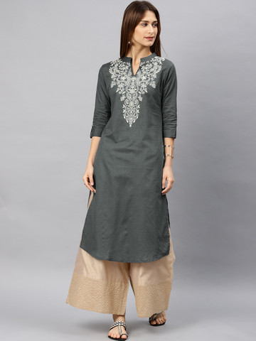 Alena Women Grey Embroidered Straight Kurta