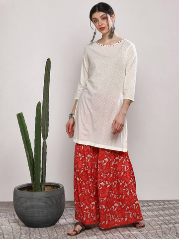 Sangria Women Off-White & Red Self Design Kurta with Palazzos