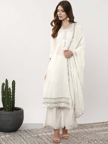 Sangria Women White Solid Kurta with Palazzos & Dupatta