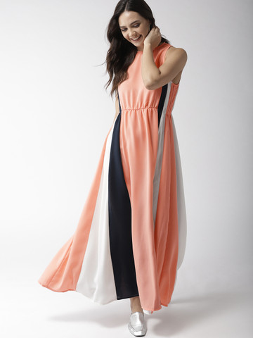 Mast & Harbour Women Peach-Coloured & Navy Blue Colourblocked Maxi Dress
