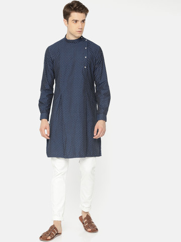 Freehand Men Navy Blue Printed Straight Kurta