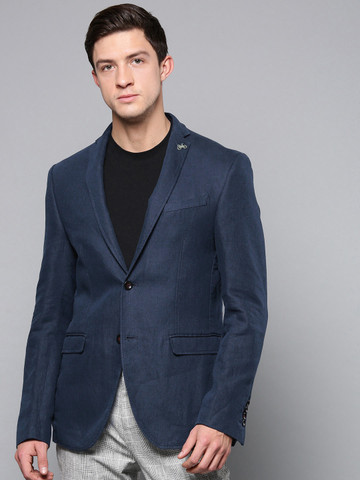 Blackberrys Men Navy Blue Solid Single-Breasted Slim Fit Smart Casual Blazer