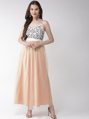 MISH Women Peach-Coloured Solid Maxi Dress with Embellished Detail MISH Women Peach-Coloured Solid Maxi Dress with Embellished Detail