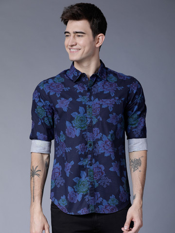 HIGHLANDER Men Navy Blue Slim Fit Printed Casual Shirt