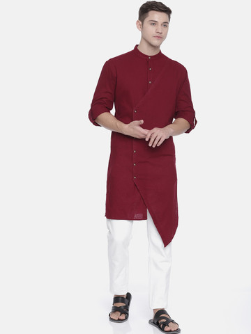 Freehand Men Maroon Solid Asymmetric Hem Straight Kurta