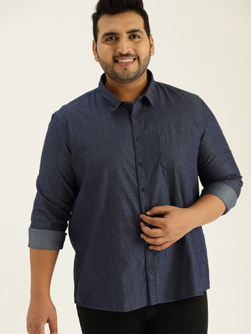 Sztori Plus Size Men Navy Blue Regular Fit Printed Chambray Casual Shirt