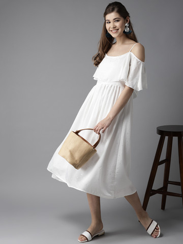 HERE&NOW Women White Self Design Layered A-Line Dress