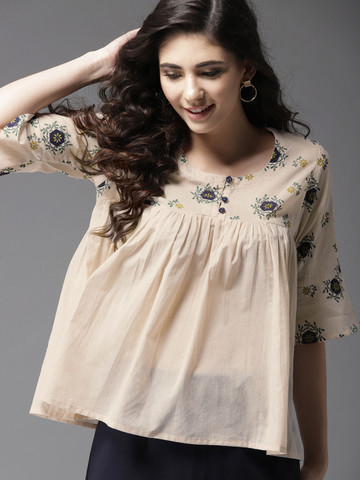 HERE&NOW Women Peach-Coloured Printed Detail A-Line Top