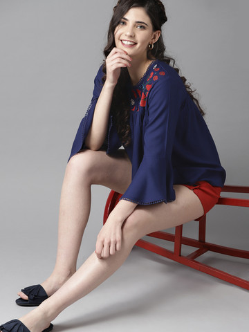 HERE&NOW Women Navy Blue & Red Solid A-Line Top