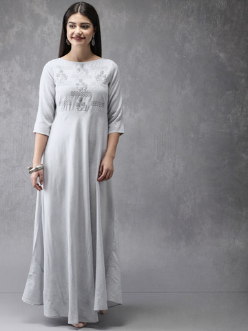 Anouk Women Grey Embroidered A-Line Kurta