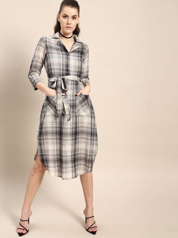 AKS Couture Women Beige & Black Checked Midi A-Line Dress AKS Couture Women Beige & Black Checked Midi A-Line Dress