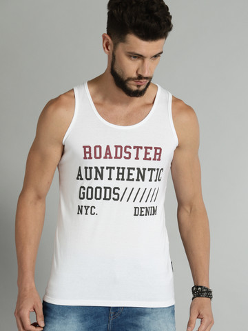 Roadster Men White & Black Printed Round Neck Sleeveless T-shirt