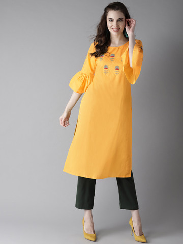 HERE&NOW Women Yellow Yoke Design Straight Kurta HERE&NOW Women Yellow Yoke Design Straight Kurta