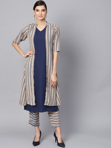 Libas Women Navy Blue & Beige Solid Kurta with Trousers
