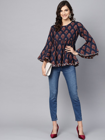 Azira Women Navy Blue & Maroon Printed Empire Top