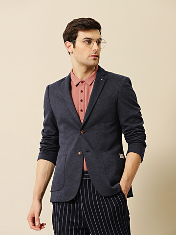 55% OFF on Mr Bowerbird Men Navy Blue Self Design Single-Breasted
