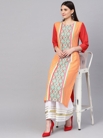 Ishin Women Orange & White Printed Kurta with Palazzos Ishin Women Orange & White Printed Kurta with Palazzos
