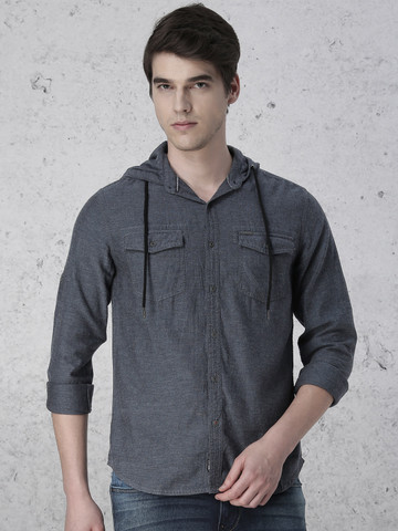 Ecko Unltd Men Blue Slim Fit Solid Hooded Casual Shirt