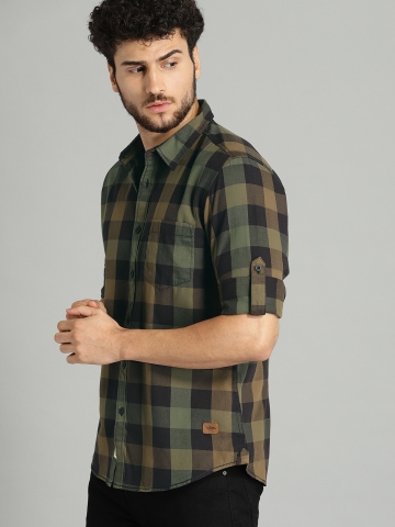 Buy Roadster Men Olive Green & Brown Regular Fit Checked Casual Shirt ...