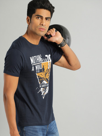 Roadster Men Navy Blue Printed Round Neck T-shirt