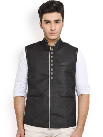 Shaftesbury London Black Jute Nehru Jacket
