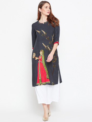 Bitterlime Women Grey Printed Kurta with Palazzos Bitterlime Women Grey Printed Kurta with Palazzos