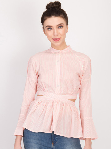 LA LOFT Women Pink & White Regular Fit Striped Casual Shirt LA LOFT Women Pink & White Regular Fit Striped Casual Shirt